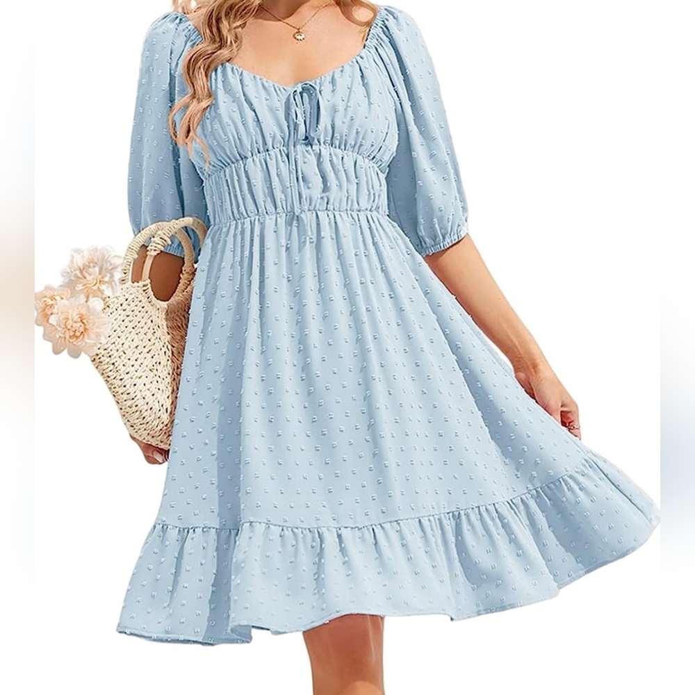 NEW Swiss Dot Dress Women's Short Sleeve Boho Flowy Dress Smocked Back Sz Large